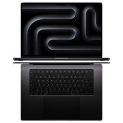 Ein schwarzer Laptop mit einem dunklen Bildschirm, der ein abstraktes Muster aus schwarzen Linien zeigt. Die Tastatur ist ebenfalls schwarz.