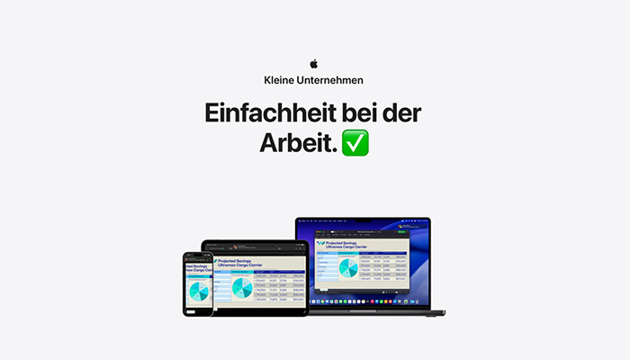 MacBook, iPad und iPhone für kleine Unternehmen. Text: „Einfachheit bei der Arbeit.“ mit grünem Haken.