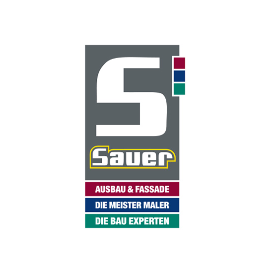 Logo mit grauem Hintergrund, weißer "5" und gelbumrandetem "Sauer" darüber. Farbige Quadrate und Text zu Ausbau, Maler und Experten.