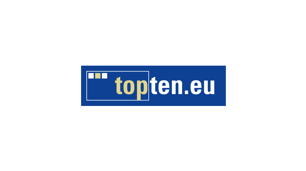 Blauer Hintergrund mit gelbem Text "topten.eu" und drei Quadraten in Weiß und Gelb.