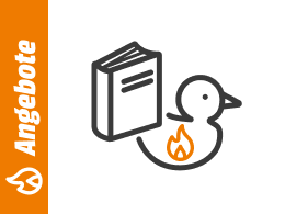 Symbolgrafik einer Badeente mit Flammensymbol und einem Buch, daneben ein orangefarbener Balken mit dem Schriftzug Angebote.