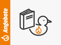 Symbolgrafik einer Badeente mit Flammensymbol und einem Buch, daneben ein orangefarbener Balken mit dem Schriftzug Angebote.