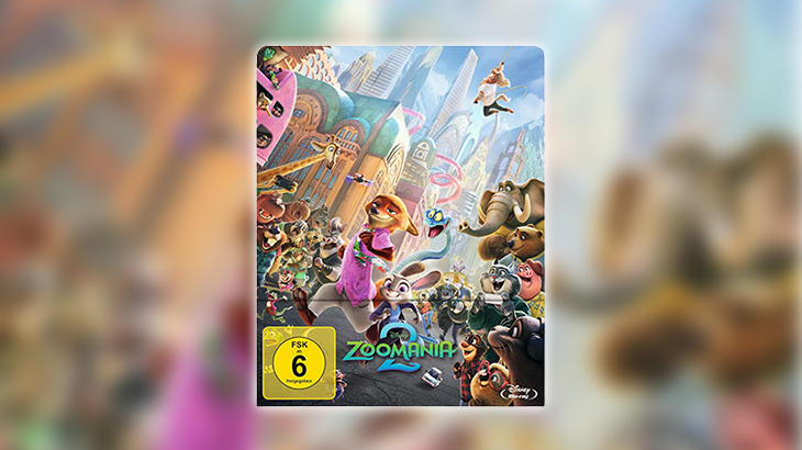 Cover der Blu-ray von „Zoomania 2“ mit Judy Hopps und Nick Wilde prominent im Vordergrund, umgeben von der Skyline von Zoomania, mit vielen detailreichen Tier-Charakteren im Hintergrund.