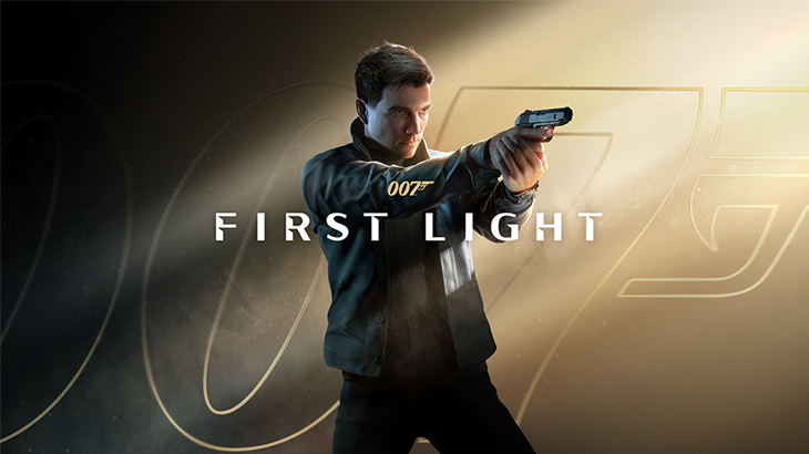Werbegrafik für „007 FIRST LIGHT“ mit einem jungen James Bond, der eine Pistole im Anschlag hält