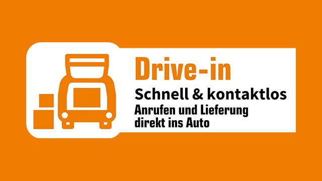 Orangener Hintergrund mit weißem Feld, das ein Auto-Symbol und Text für einen Drive-In-Service zeigt.