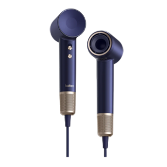 Blauer Laifen Haartrockner mit goldfarbenen Akzenten, modernem Design und sichtbaren Bedientasten.