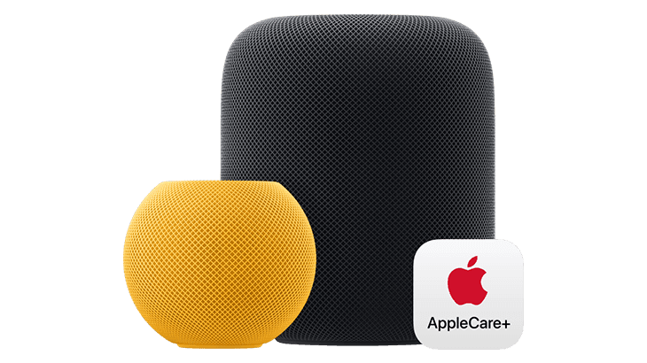 Ein schwarzer Lautsprecher steht neben einer gelben Kugel und einem AppleCare+-Logo auf weißem Hintergrund.
