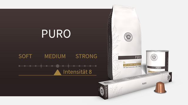 Kaffeeprodukte: Packung, Dose, Kapsel und Stange. Braune und weiße Verpackungen mit dem Logo „PURO“ sind auf hellem Grund zu sehen.