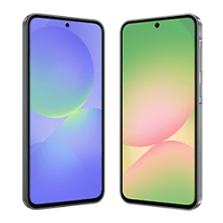 Zwei Smartphones stehen nebeneinander; das linke zeigt einen blauen, das rechte einen grünen Bildschirm mit Farbverläufen.