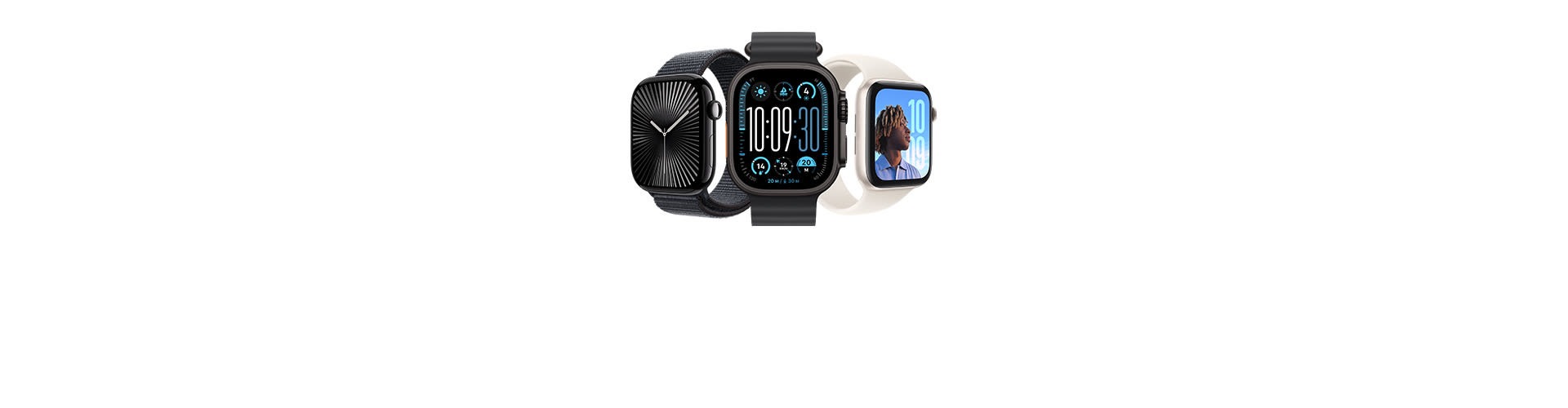 Drei Apple Watches mit verschiedenen Displays nebeneinander.