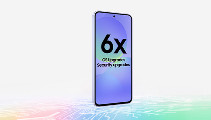 Ein Smartphone mit der Aufschrift "6x OS Upgrades Security Upgrades" vor einem weißen Hintergrund mit farbigen Linien.