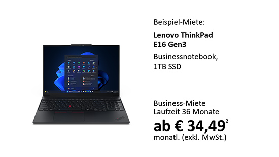 Lenovo ThinkPad E16 Gen3 Notebook mit 1 TB SSD, AMD Ryzen 3-Prozessor und 16-Zoll-Display.