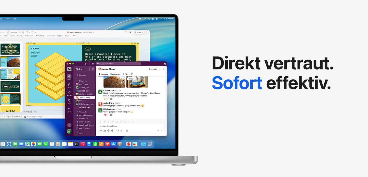 MacBook mit Business-Anwendungen und Collaboration-Tools. Text: „Direkt vertraut. Sofort effektiv.“