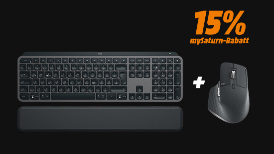 Schwarzes Logitech-Tastatur-und-Maus-Set mit Hinweis „15 % myMediaMarkt-Rabatt“.