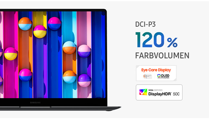 Laptop mit buntem Bildschirm. Bälle in Gelb, Orange, Rosa und Blau liegen vor vertikalen Streifen in Rosa, Orange und Blau. Text zu Farbvolumen.