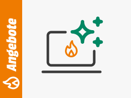 Symbolgrafik eines Laptops mit Flammensymbol und grünen Glanz-Sternen, daneben ein orangefarbener Balken mit dem Schriftzug Angebote.