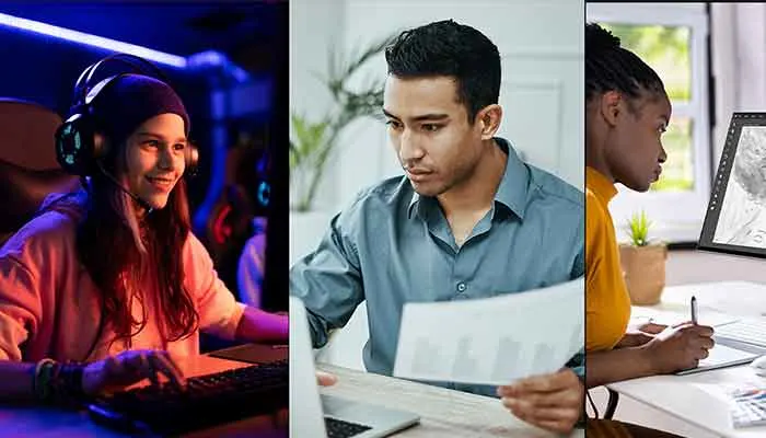 Collage von Menschen, die vor ihrem PC oder Laptop sitzen und arbeiten oder spielen.