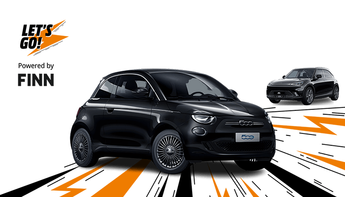 Schwarzer Fiat 500 und Smart PKW auf weißem Grund mit orangefarbenen und schwarzen Linien. "Let's Go!" und "Powered by FINN" im Hintergrund.