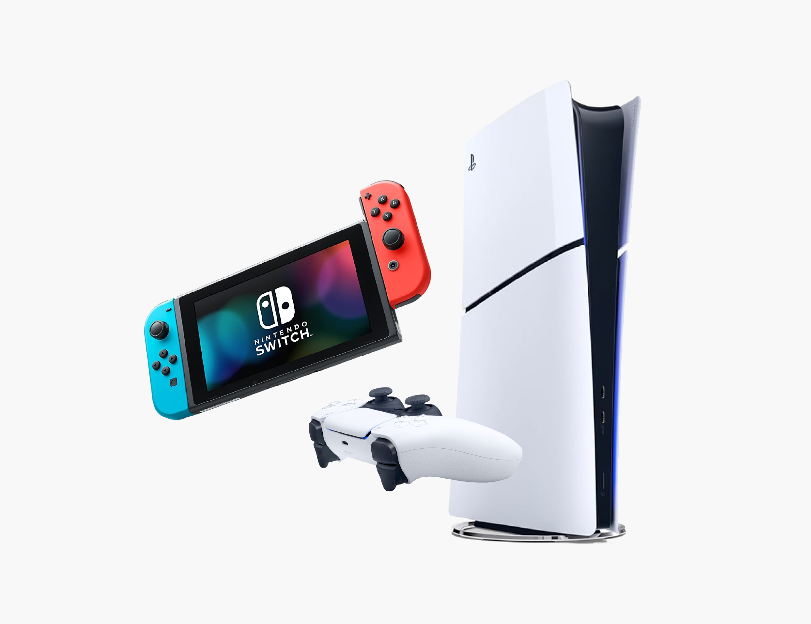 Eine Nintendo Switch, ein Controller und eine PlayStation