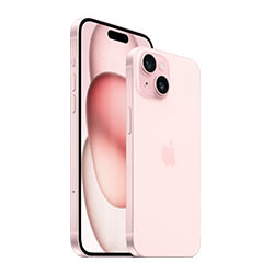 Ein rosa iPhone mit zwei Kameras steht vor einem zweiten iPhone mit einem abstrakten, beigen Hintergrund auf einem weißen Untergrund.