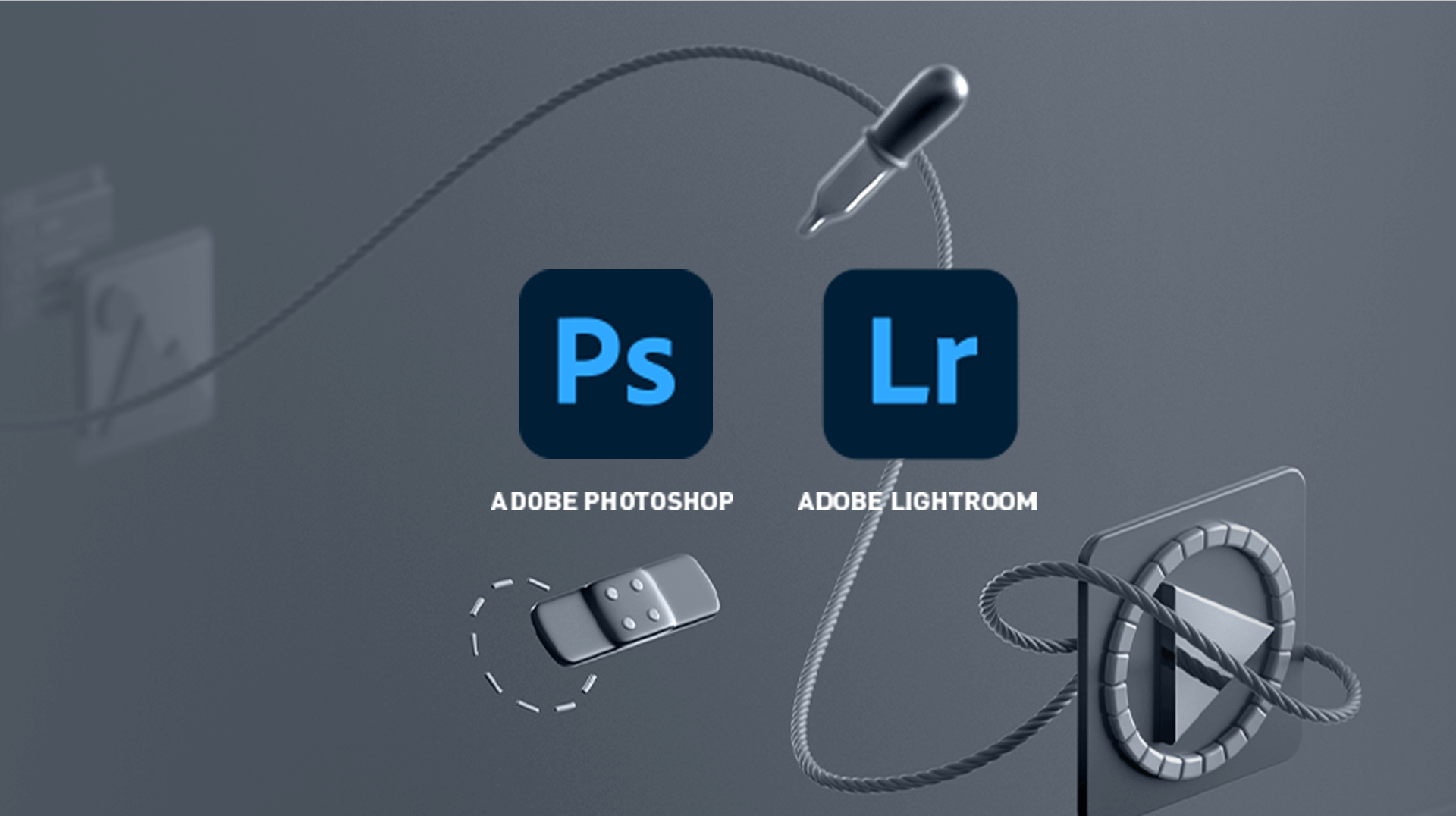 Dunkelgrauer Hintergrund mit Icons für Adobe Photoshop (Ps) und Lightroom (Lr), Pipette und Play-Button mit Seil.