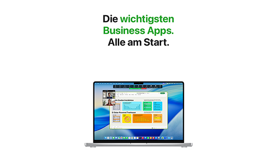 Überschrift: „Die wichtigsten Business Apps. Alle am Start.“ MacBook Produktfoto mit App-Screenshot auf Display.