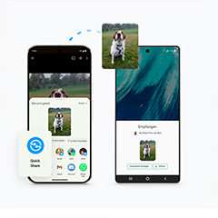 Eine Grafik symbolisiert den Dokumententransfer von einem Smartphone zum anderen.