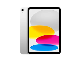 Silbernes Tablet in Frontalansicht mit farbenfrohem Display, das große ovale Formen in Gelb, Pink, Blau und Grau zeigt.