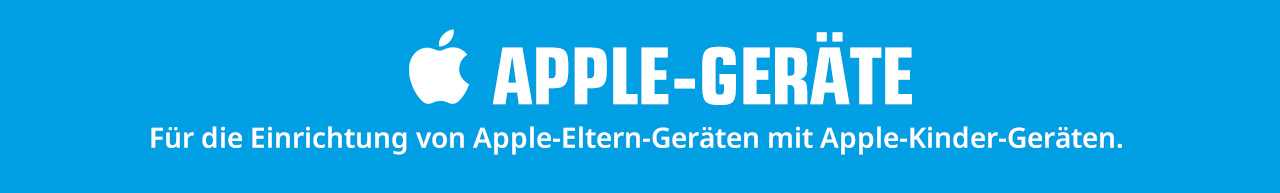 Blauer Hintergrund mit weißem Apple-Logo und Text "APPLE-GERÄTE". Darunter Text über Apple-Eltern- und Kindergeräte.