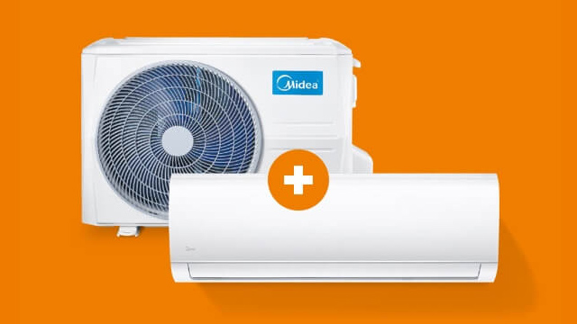 Auf orangefarbenem Hintergrund sind eine Midea Klimaanlage und eine Inneneinheit mit einem Pluszeichen abgebildet.