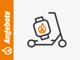 Symbolgrafik eines E-Scooters mit Flammensymbol, daneben ein orangefarbener Balken mit dem Schriftzug Angebote.