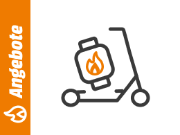 Symbolgrafik eines E-Scooters mit Flammensymbol, daneben ein orangefarbener Balken mit dem Schriftzug Angebote.