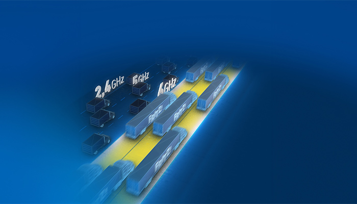 Auf blauem Grund zeigen neutrale und gelbe Bahnen Datenübertragungen mit 2,4 GHz, 5 GHz (neutrale Bahnen) und 6 GHz (gelbe Bahnen) an.