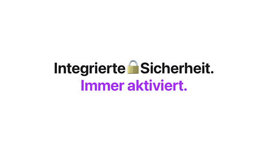 Überschrift: „Integrierte Sicherheit. Immer aktiviert.“ Grauer Hintergrund.