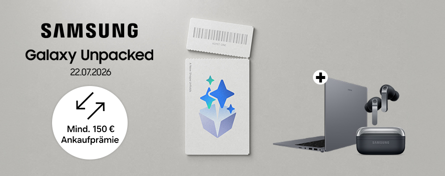 Samsung Galaxy Unpacked Grafik mit Ticket-Symbol sowie Laptop und Galaxy Buds als Bundle.