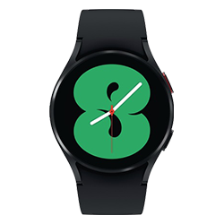 Schwarze Smartwatch mit grünem Zifferblatt, das eine stilisierte Acht und weiße Zeiger zeigt. Das Armband ist ebenfalls schwarz.