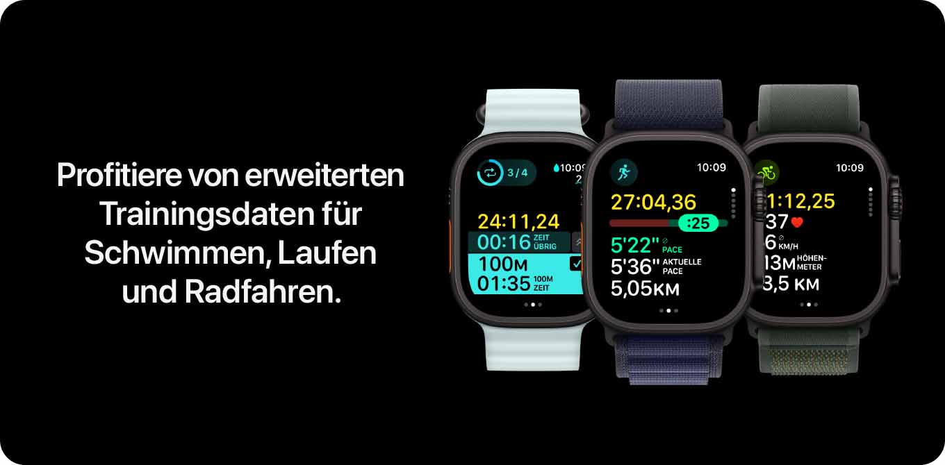 Drei Smartwatches mit Sport-Tracking-Apps für Schwimmen, Laufen und Radfahren auf schwarzem Hintergrund. Text: Trainingsdaten.