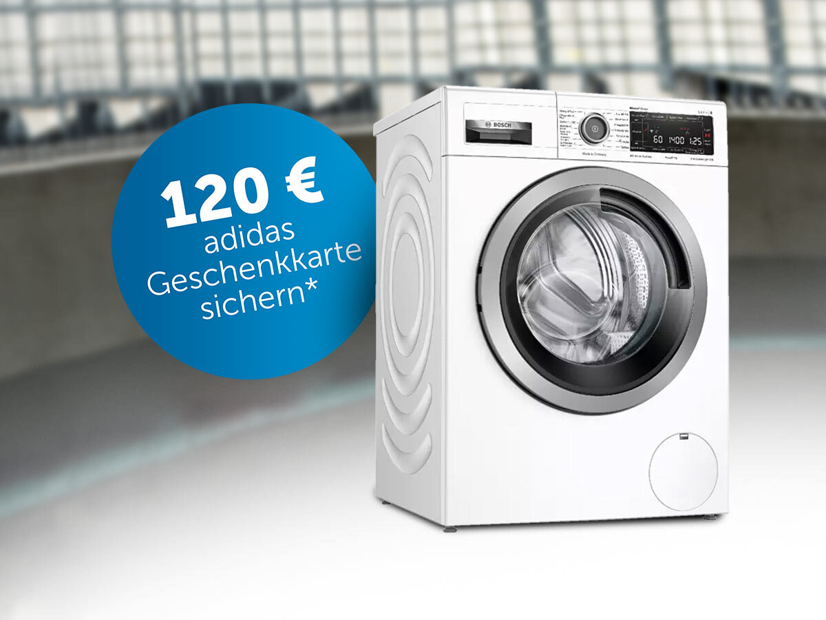 Weiße Bosch-Waschmaschine mit blauer Werbeaktion "120€ Adidas-Geschenkkarte sichern".