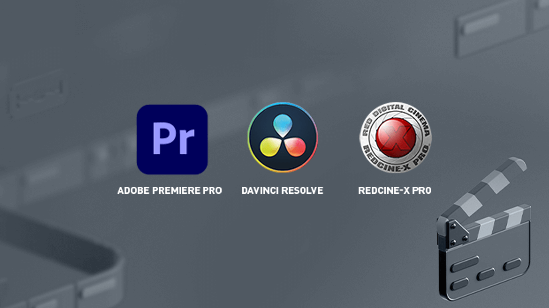 Drei Softwarelogos: Adobe Premiere Pro, DaVinci Resolve, Redcine-X Pro. Eine Filmklappe ist unten rechts zu sehen.