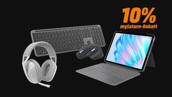 Graues Logitech-Zubehör-Set aus Tastatur, Maus, Headset und Tablet-Keyboard-Case mit Hinweis „10 % myMediaMarkt-Rabatt“