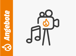 Symbolgrafik einer Filmkamera mit Flammensymbol und einer Musiknote, daneben ein orangefarbener Balken mit dem Schriftzug Angebote.