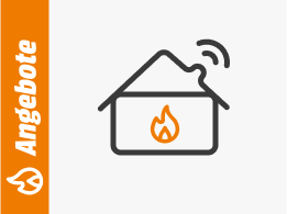 Symbolgrafik eines Hauses mit Flammensymbol und Funksignal, daneben ein orangefarbener Balken mit dem Schriftzug Angebote.