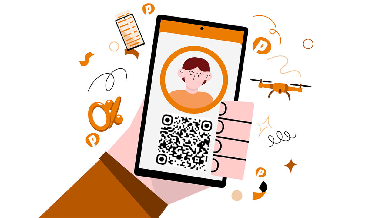 Illustration: Hand hält Smartphone mit Profilbild in orangem Kreis und QR‑Code auf dem Bildschirm.