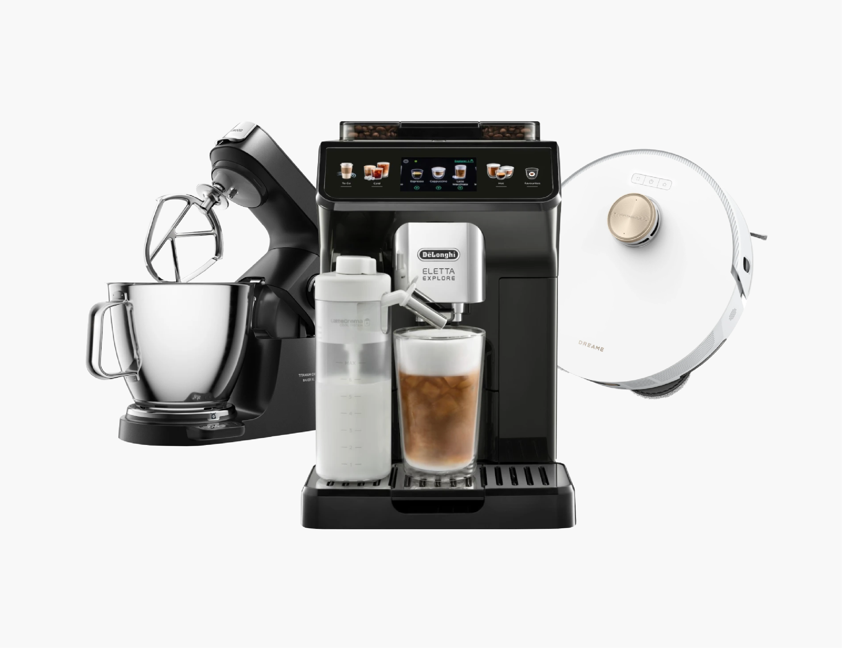 Eine Küchenmaschine, ein Kaffeevollautomat und ein Saugroboter