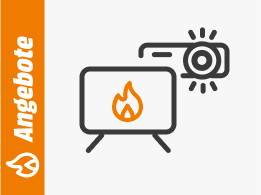 Symbolgrafik eines Beamers, der auf eine Leinwand mit Flammensymbol projiziert, daneben ein orangefarbener Balken mit dem Schriftzug Angebote.