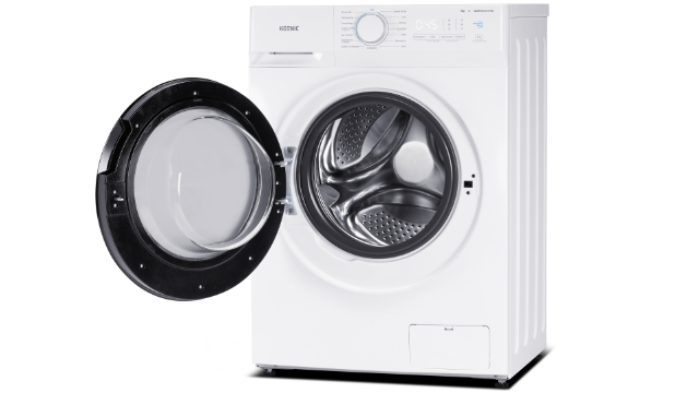 Πλυντήριο-στεγνωτήριο KOENIC KWDR 8642 A INV, λευκό, μπροστινή όψη με ανοιχτή πόρτα και ορατό κάδο από ανοξείδωτο ατσάλι.