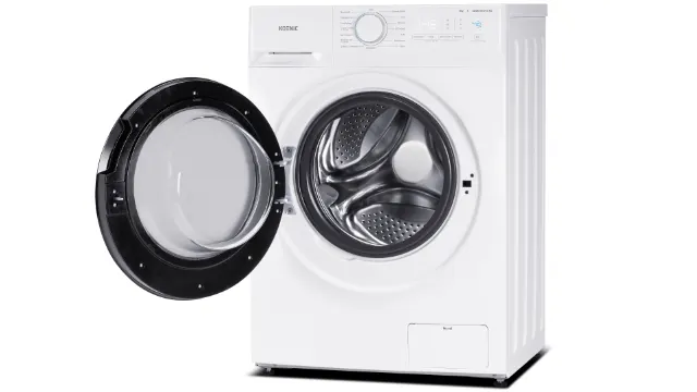 Πλυντήριο-στεγνωτήριο KOENIC KWDR 8642 A INV, λευκό, μπροστινή όψη με ανοιχτή πόρτα και ορατό κάδο από ανοξείδωτο ατσάλι.