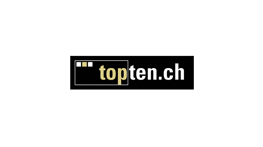 Schwarzes Rechteck mit dem Text "topten.ch" in Gold, links daneben drei weiße und ein goldenes Quadrat.
