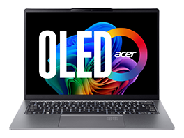 Grauer Acer-Laptop mit OLED-Display und farbenfrohem Bildschirm.