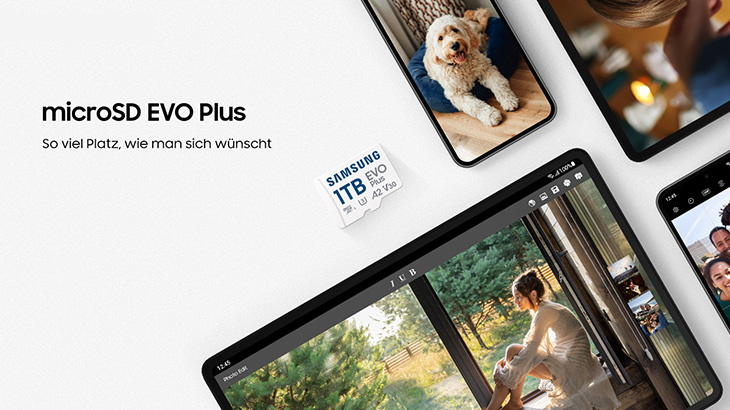 Handy und Tablet zeigen Fotos; eine 1 TB Samsung MicroSD-Karte liegt daneben. Geräte zeigen Bilder von Hund, Frau und Gruppe.